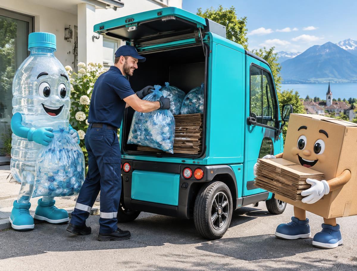 Fahrer lädt Recycling mit Unterstützung der Maskottchen in den Öki-Flitzer