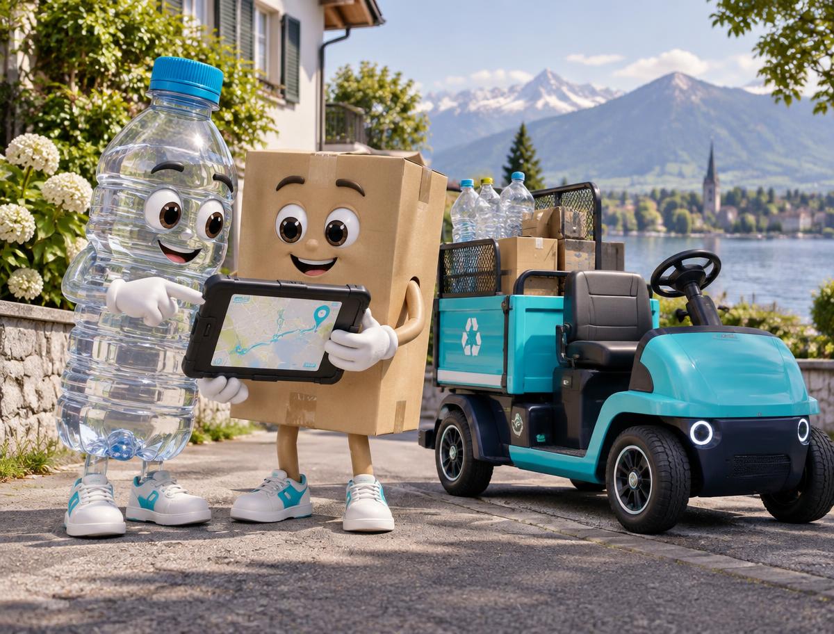 Flaschen- und Karton-Maskottchen planen ihre Route am Öki-Flitzer