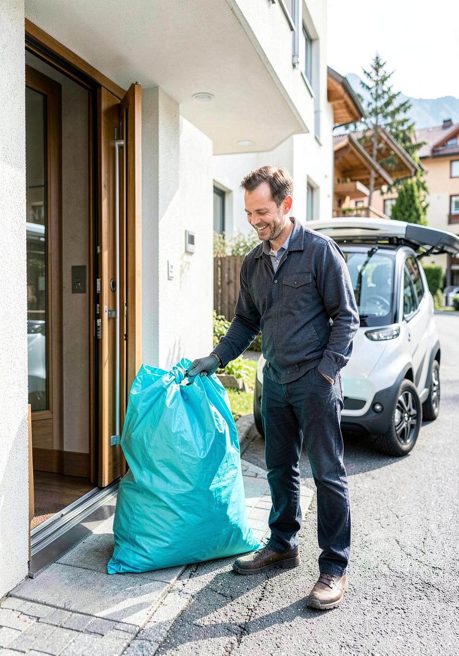 Öki-Flitzer holt einen Sammelsack an einer Haustür ab