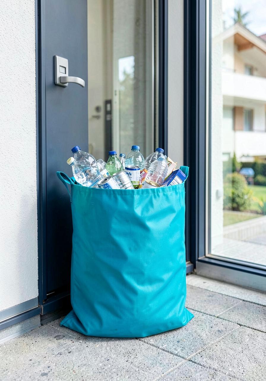 Gefüllter türkiser Öki-Sammelsack vor einer Haustür